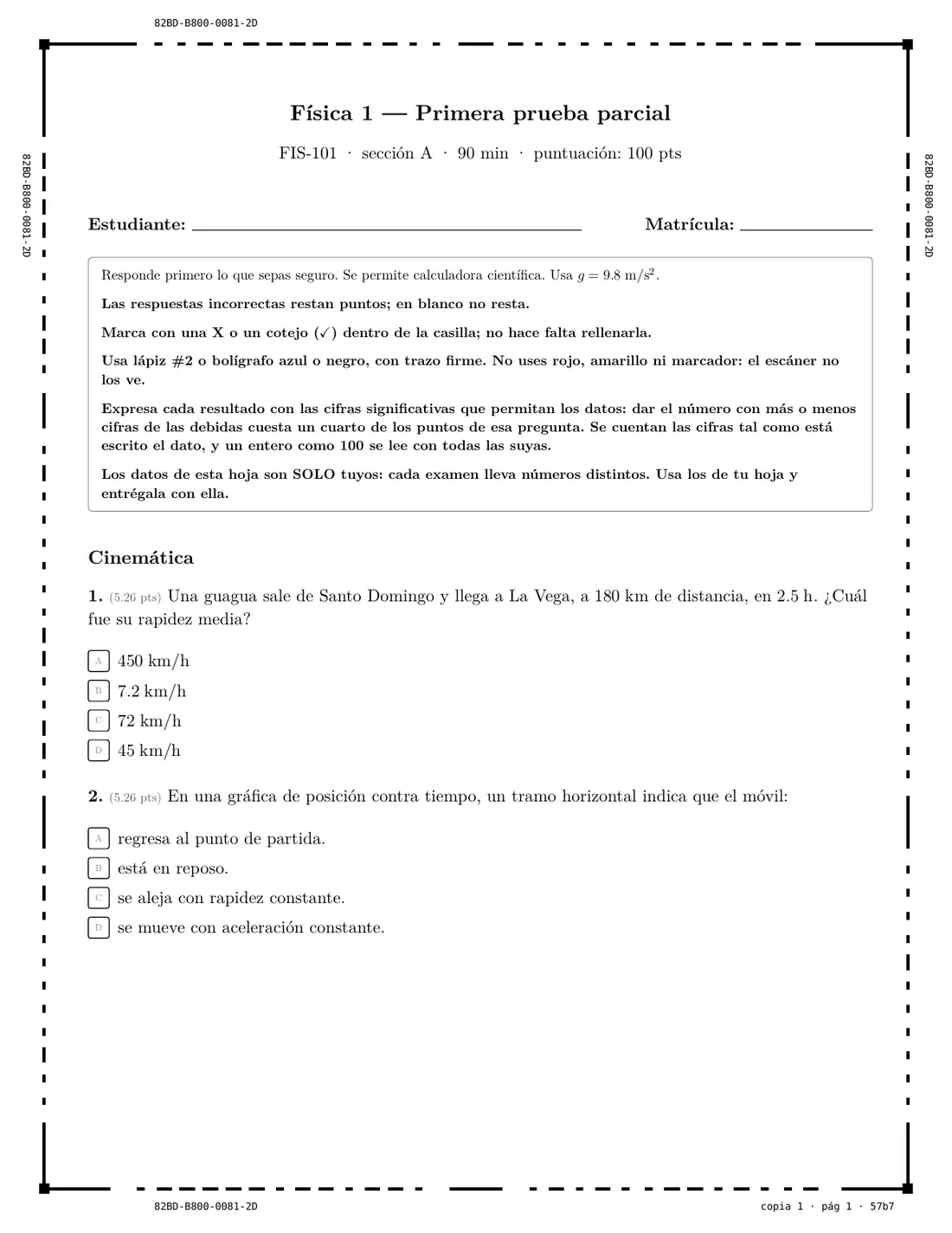 First page of a physics exam made with Marqua: header, instructions and multiple-choice questions