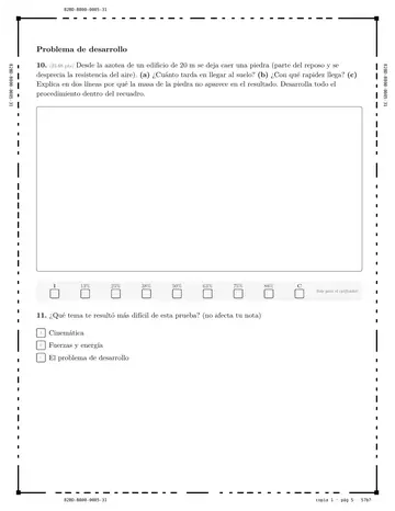 Physics, page 5: open-ended problem with its answer box and the scoring band