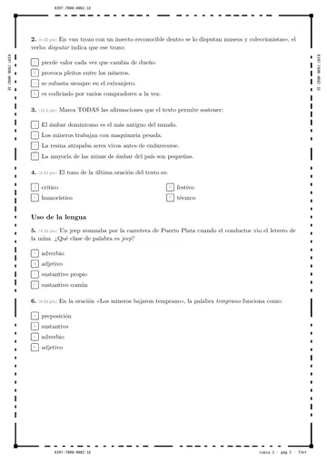 Spanish Language Arts, page 2: reading comprehension and language use questions